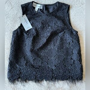 Sara Campbell Black Floral Lace Fringe Sleeveless Shell